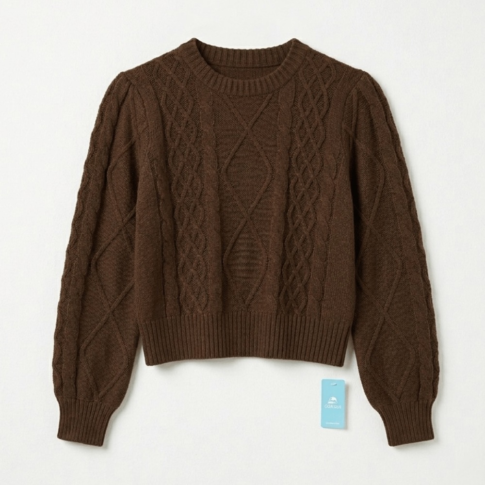 Cupshe Coffee Brown Cable Knit Puff Sleeve Cropped Sweater Size M - Chic & Cozy